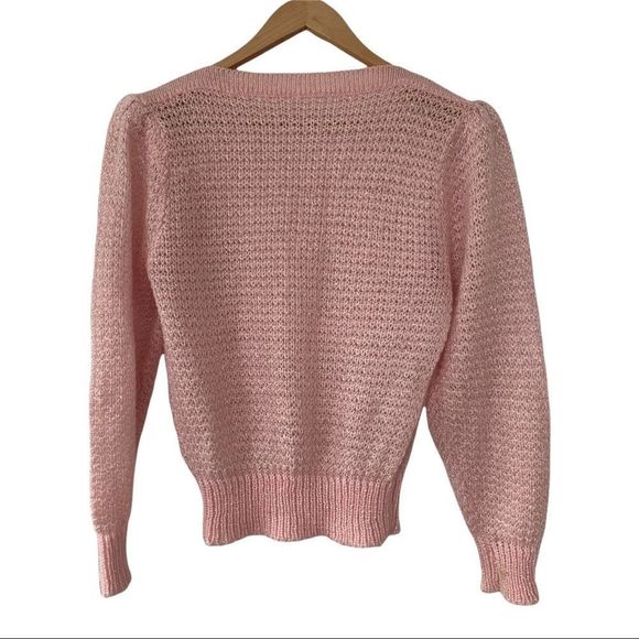 Vintage Handknit puff shoulder pink wool sweater - Picture 3 of 5